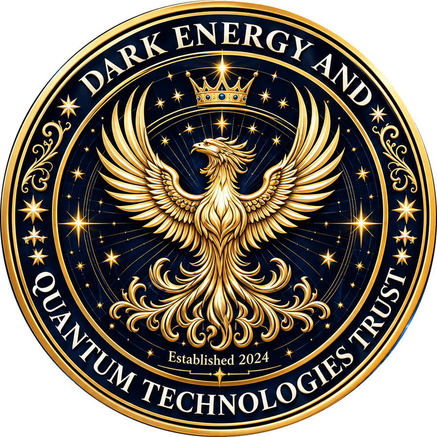 The official crest of the Dark Energy and Quantum Technologies Trust: a golden phoenix beneath a crown, encircled by the Trust’s name, established 2024.