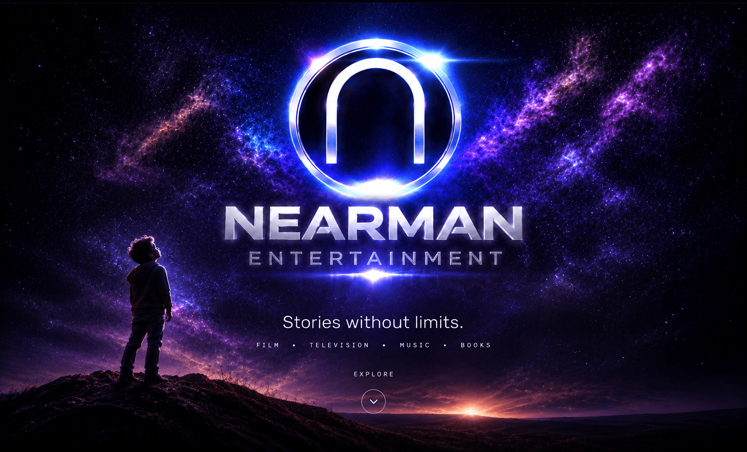 Nearman Entertainment website artwork: a glowing ring emblem and the Nearman Entertainment wordmark set against a purple and blue nebula, with a child looking up at the stars and the line Stories without limits.
