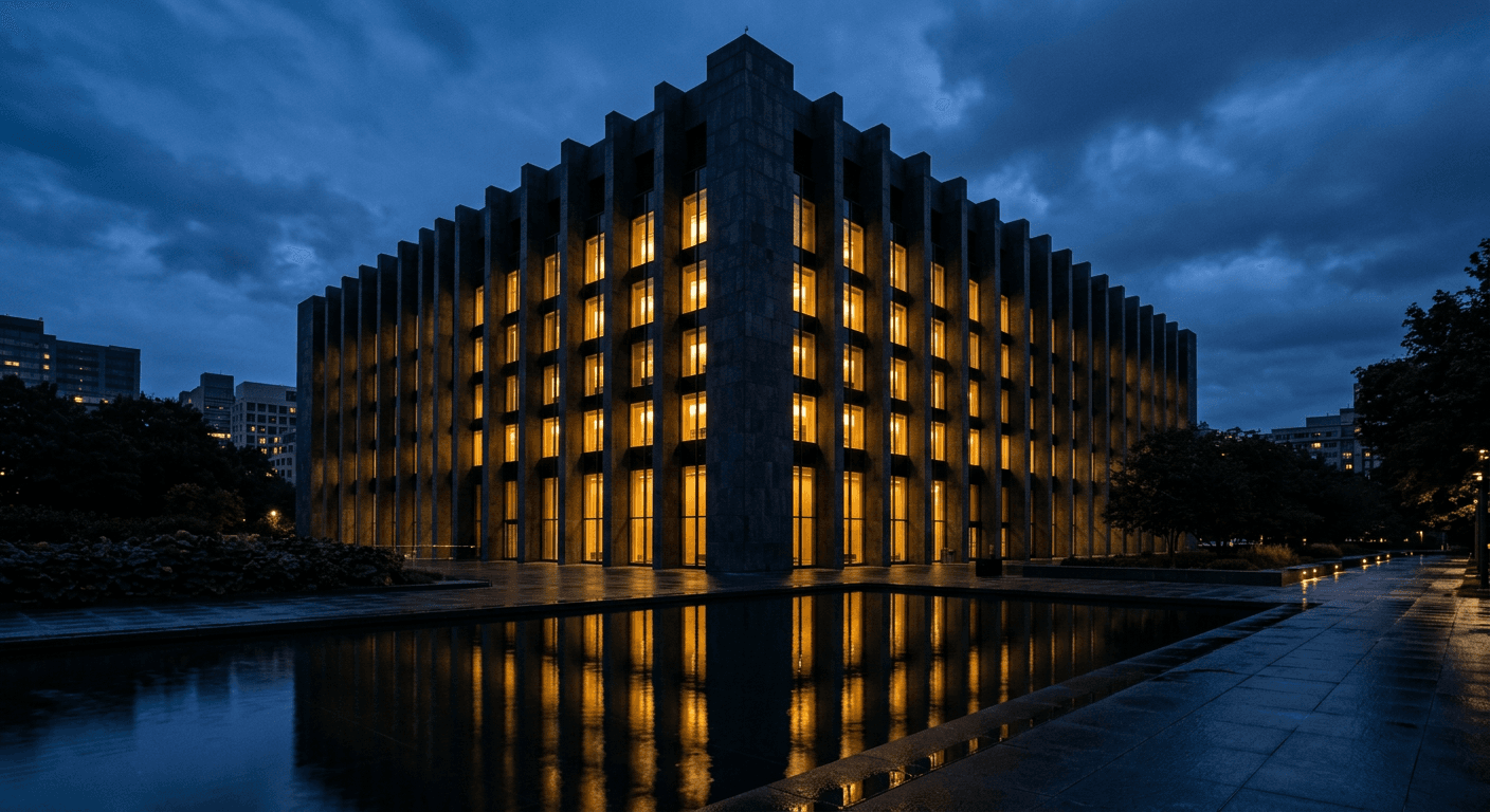 A monumental modern stone building rising into a deep blue evening sky.