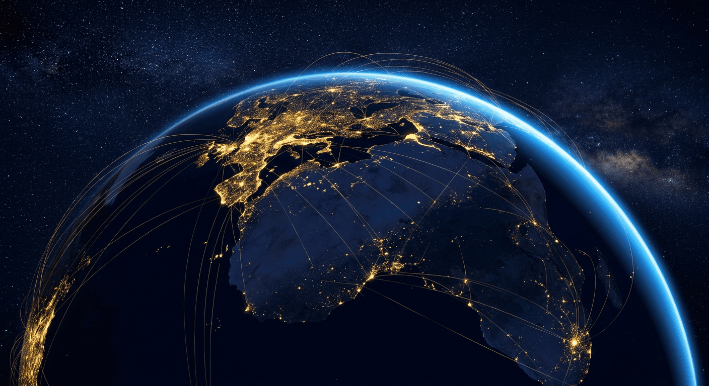 Earth at night viewed from orbit, its cities connected by threads of golden light.