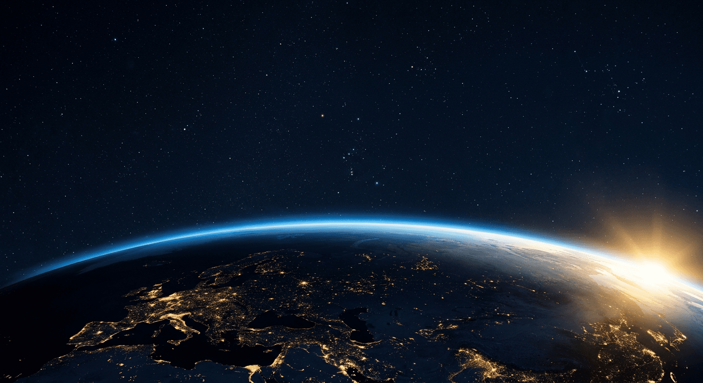 Earth’s horizon from orbit with a sunrise breaking across city lights.