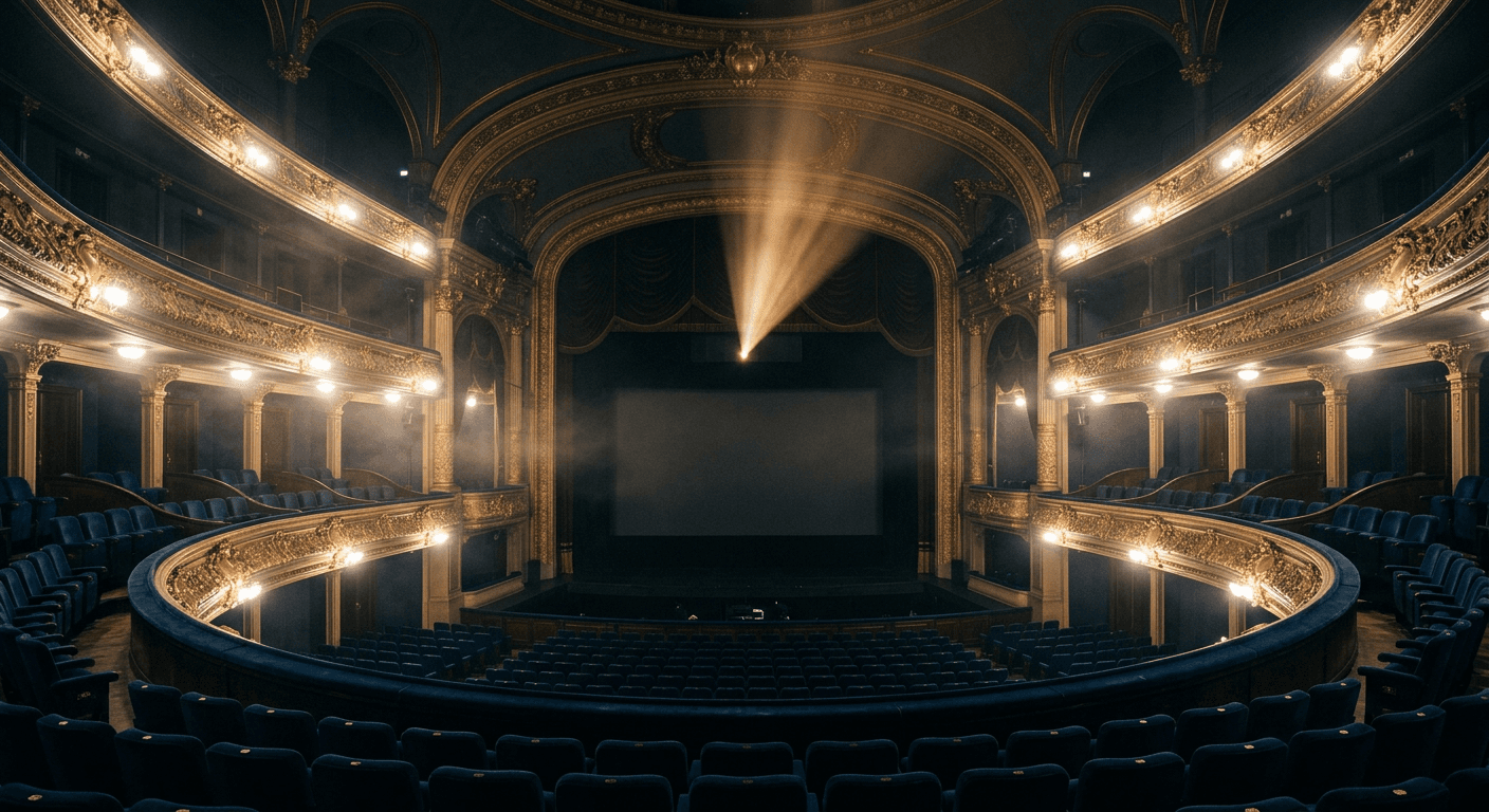 An empty gilded theatre auditorium with a projector beam cutting through soft haze.