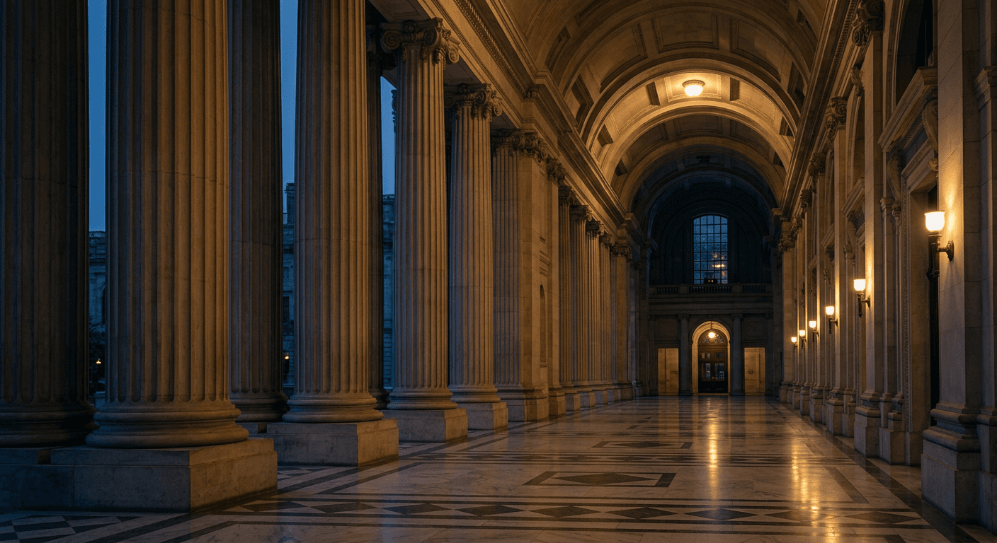 A monumental stone colonnade with warm light falling across a polished marble floor.