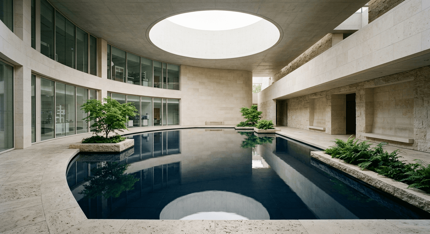 A serene stone atrium with a still reflecting pool lit through a circular oculus.