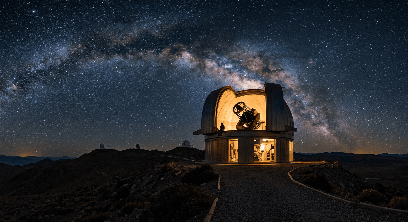 An observatory dome open to a vast star-filled night sky.